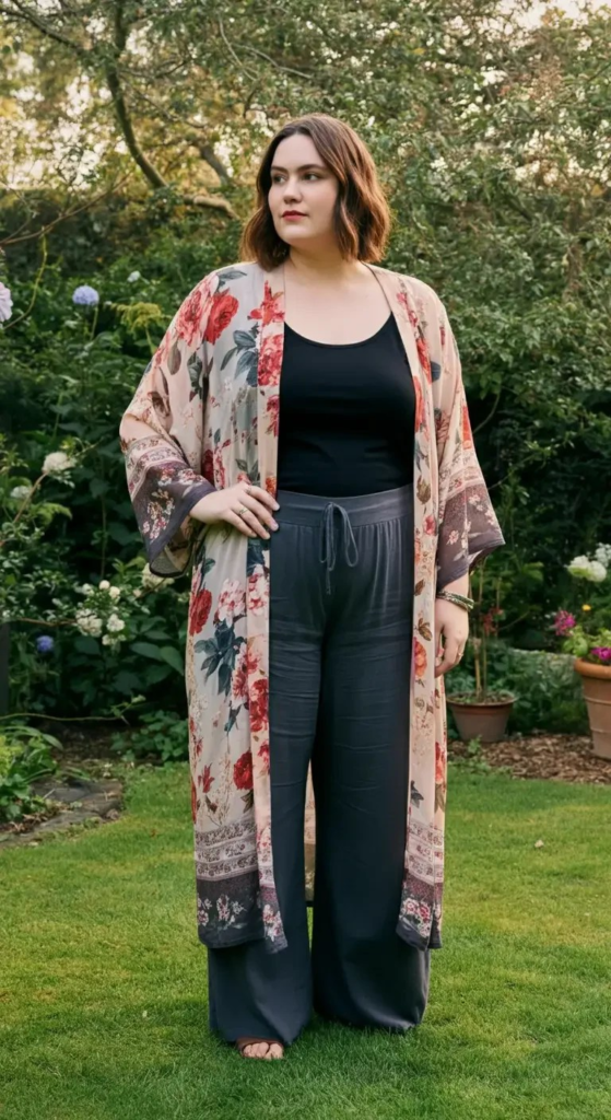 Printed Kimono with Monochrome Base