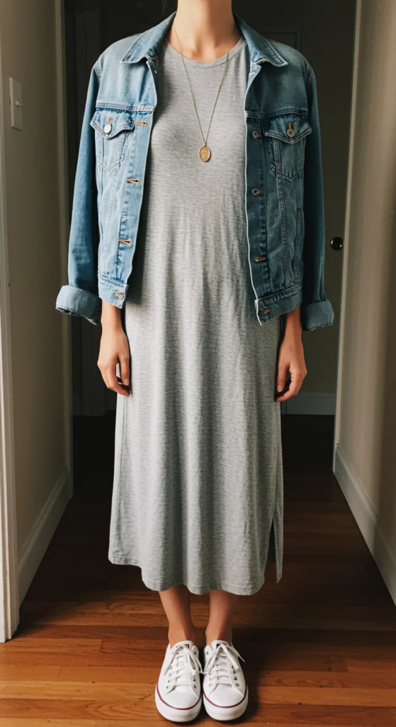 Elevated Basics: Gray T-Shirt Dress and Denim Jacket