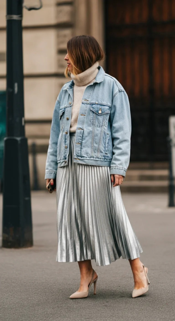 Metallic Pleated Skirt with Denim Jacket