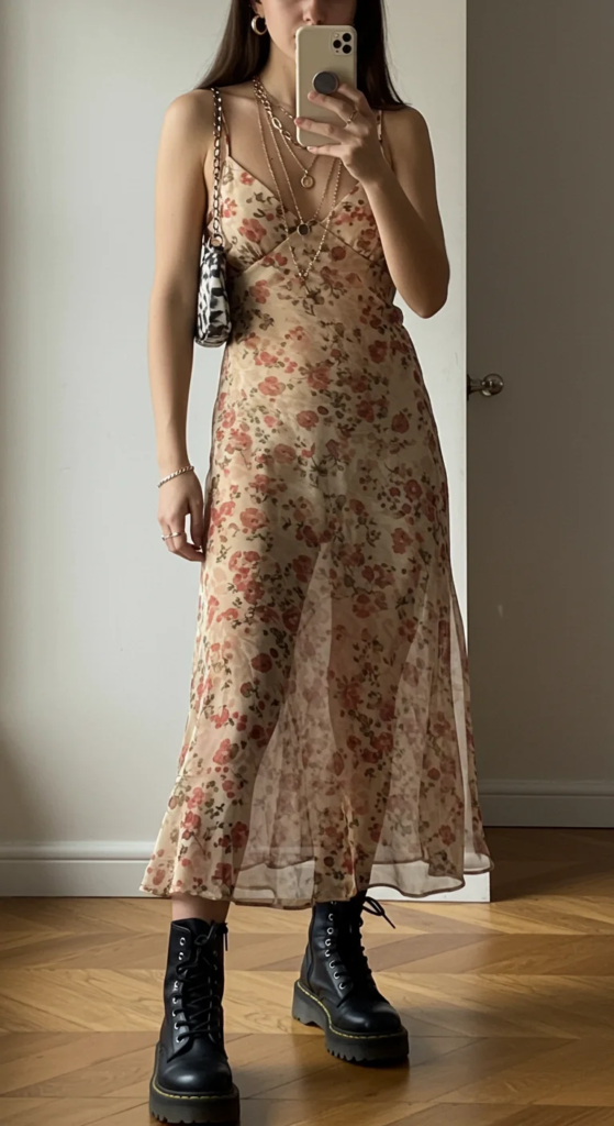 Sheer Overlay Dress and Combat Boots