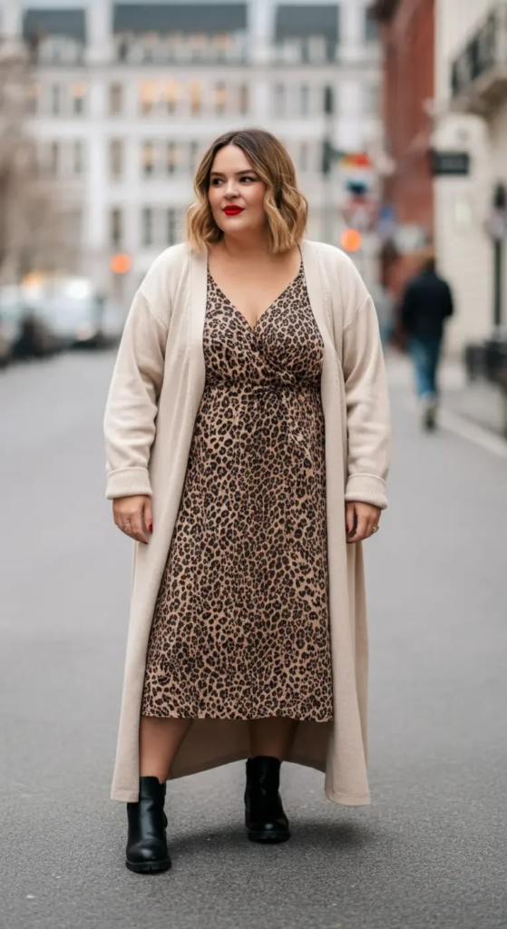 Leopard Midi Dress with Duster Cardigan