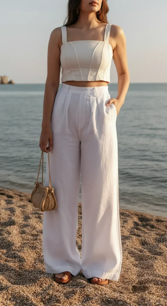 Wide Leg Linen Pants with Crop Top