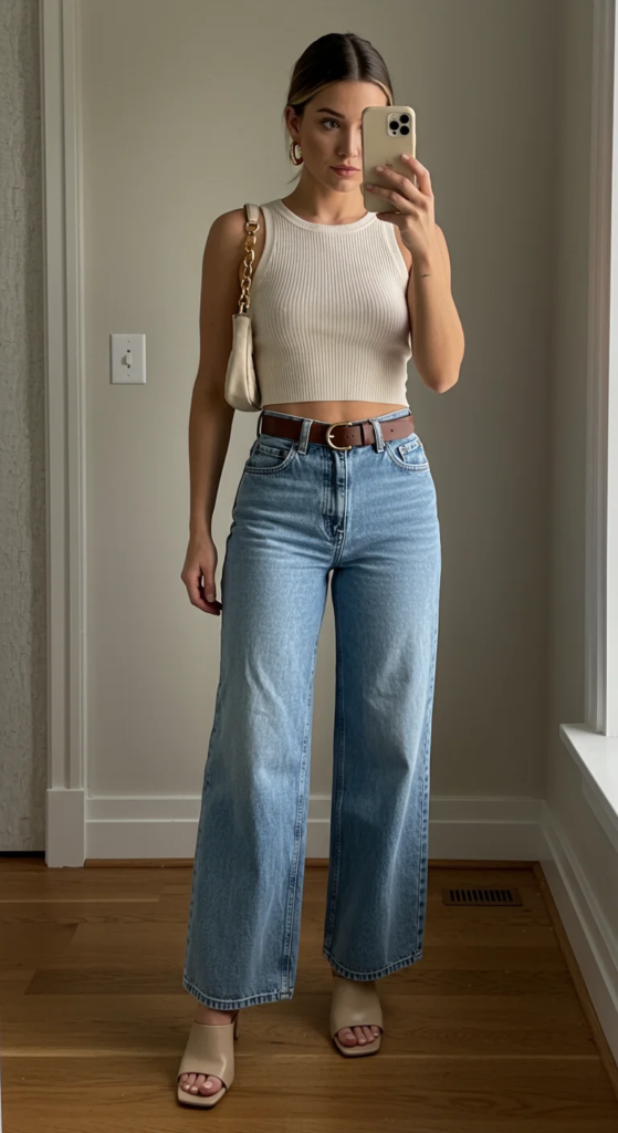 High-Waisted Wide-Leg Jeans and Cropped Tank