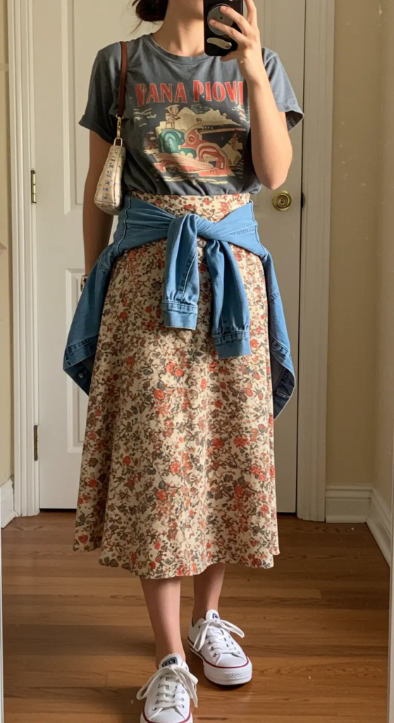 Midi Skirt and Graphic Tee Combination