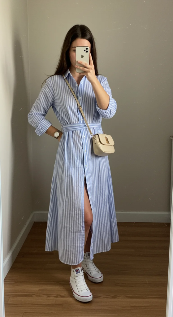 Maxi Shirt Dress and Sneakers