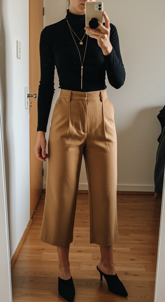 Cropped Wide-Leg Trousers and Fitted Turtleneck