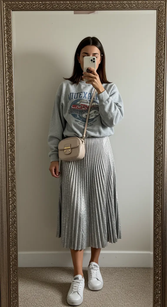 Pleated Midi Skirt and Graphic Sweatshirt