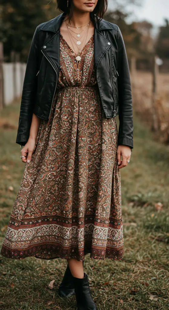 Printed Maxi Dress and Leather Jacket