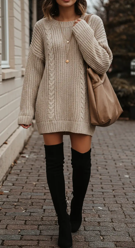 Oversized Sweater Dress and Over-the-Knee Boots