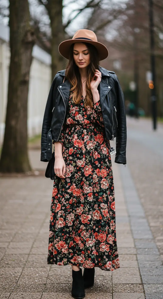 Floral Maxi Dress and Leather Jacket