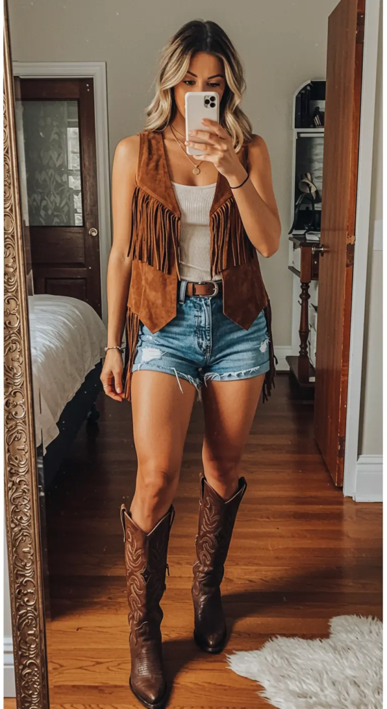 Fringe Suede Vest and Denim Cutoffs