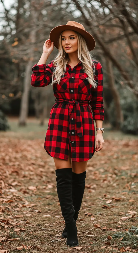 Plaid Shirt Dress and Knee-High Boots
