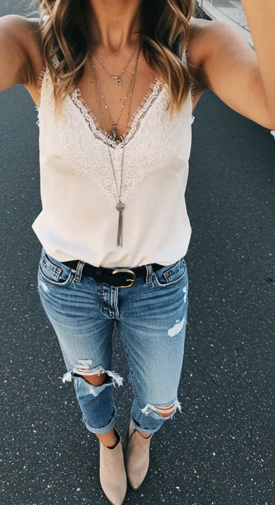 Lace Camisole and Distressed Jeans