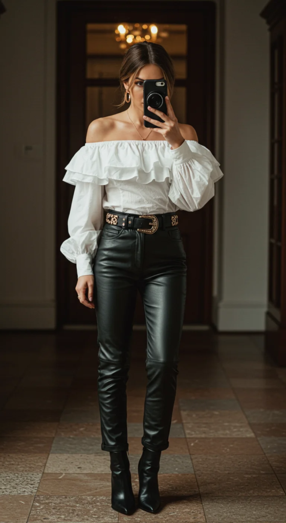 Ruffled Off-Shoulder Top and Leather Pants