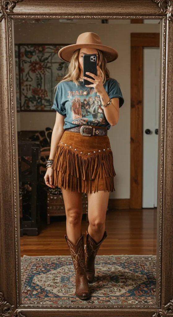 Graphic Tee and Fringed Suede Skirt