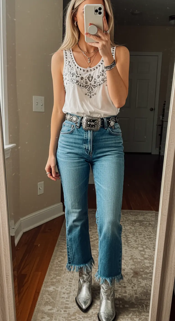 Embellished Tank and Frayed Hem Jeans