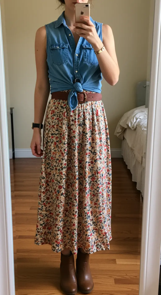  Sleeveless Denim Shirt and Printed Maxi Skirt