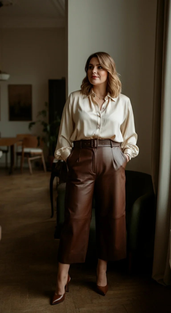 Leather Culottes with Silk Blouse