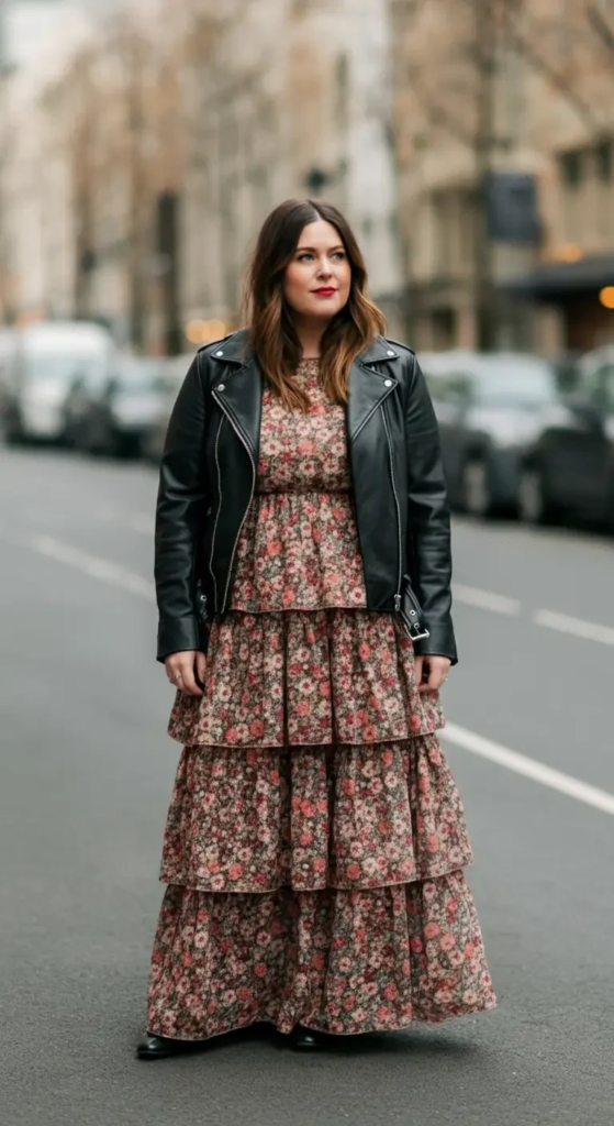 Tiered Maxi Dress with Moto Jacket