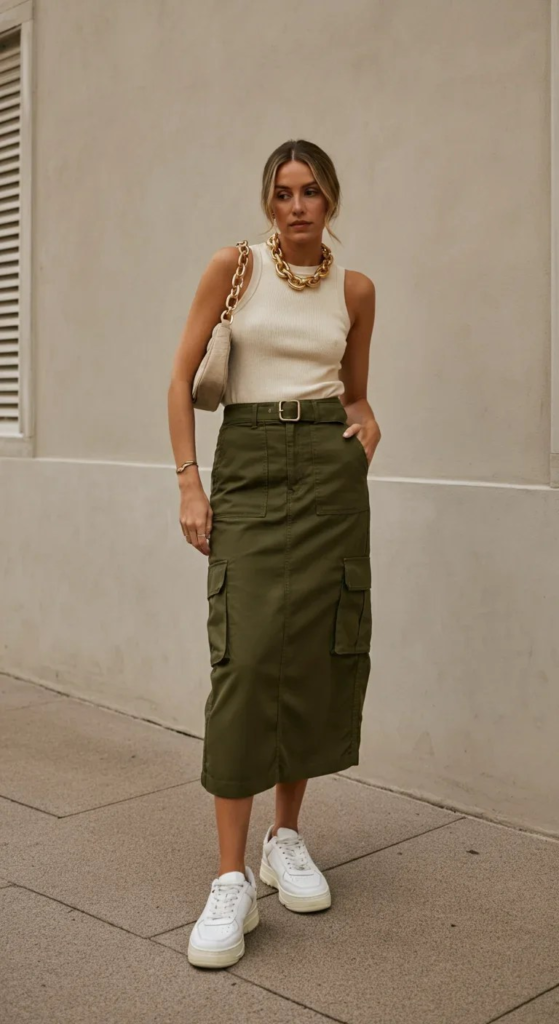 Classic White Tank and Midi Cargo Skirt