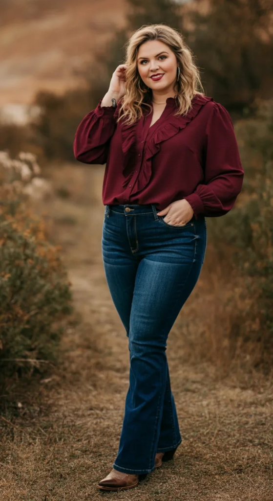 Ruffled Blouse and Boot-Cut Jeans