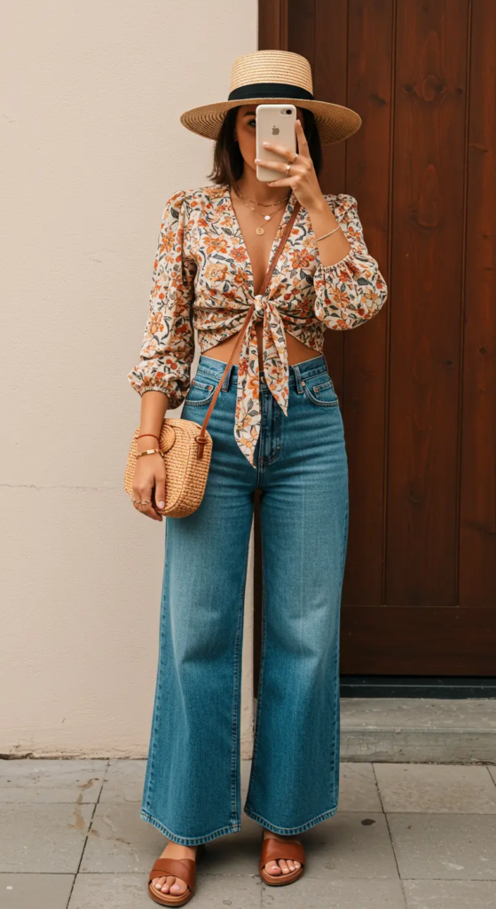 Tie-Front Blouse and Wide-Leg Jeans