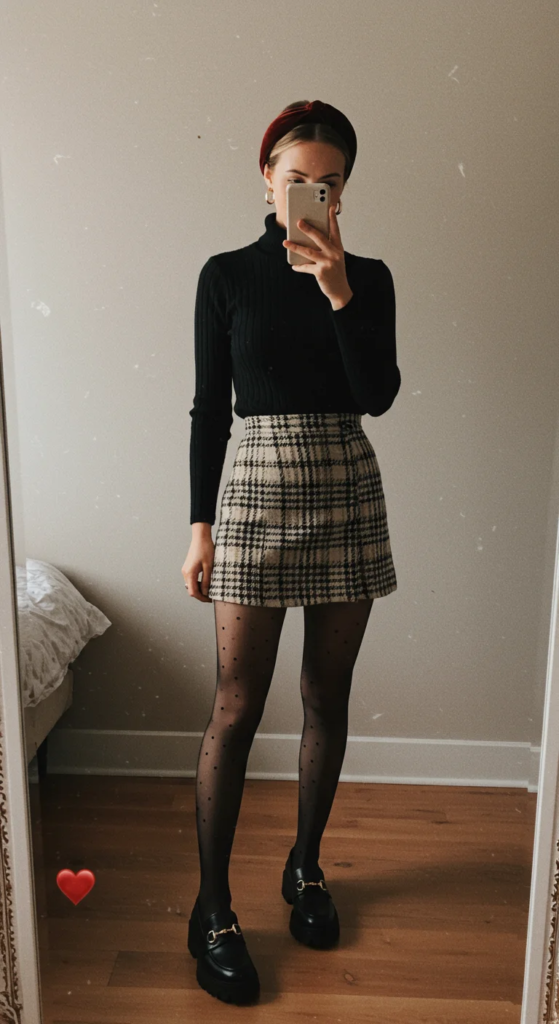  Turtleneck and Plaid Mini Skirt