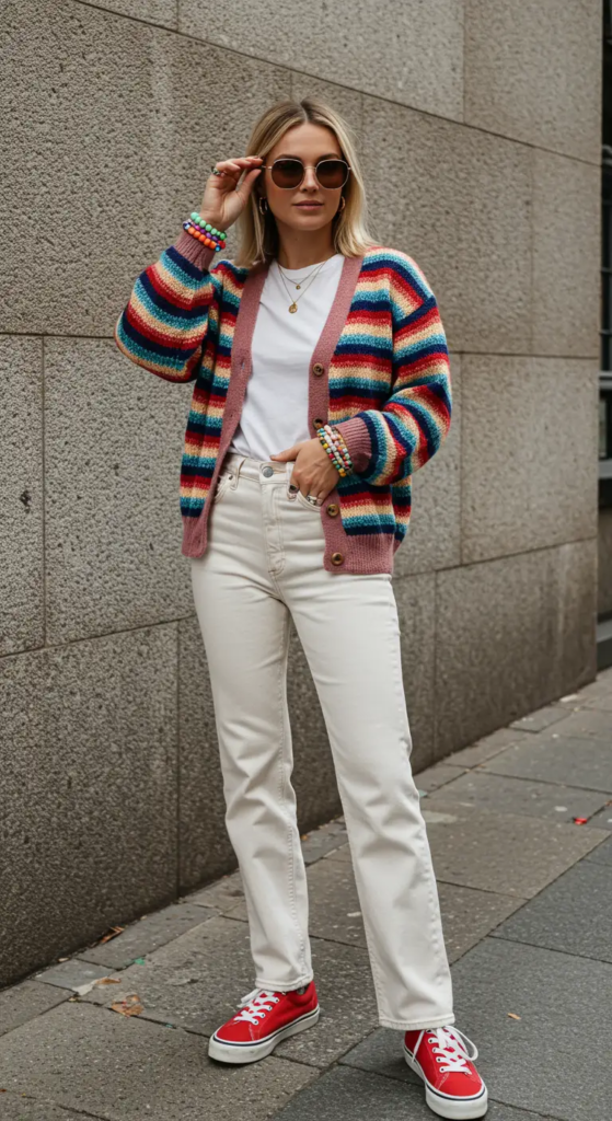 Colorful Cardigan and White Jeans