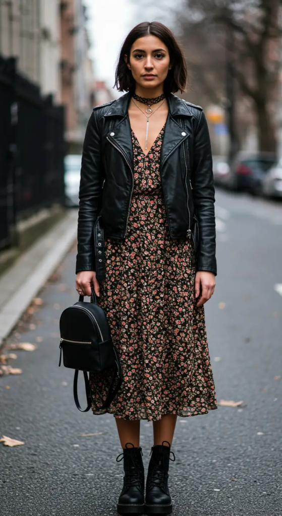 Leather Jacket and Floral Dress