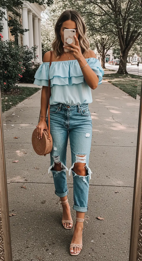 Off-Shoulder Top and Boyfriend Jeans