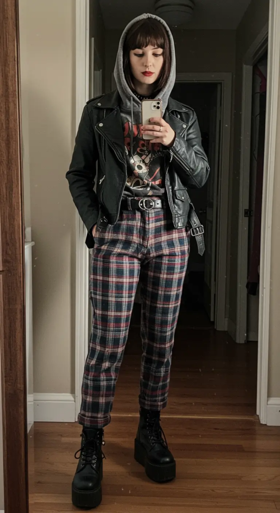 Plaid Pants and Band Hoodie