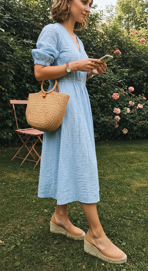 Gingham Dress and Espadrille Wedges