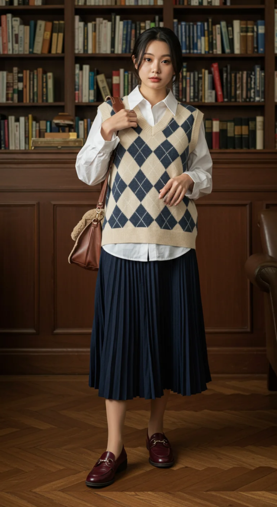 Argyle Vest and Pleated Midi Skirt