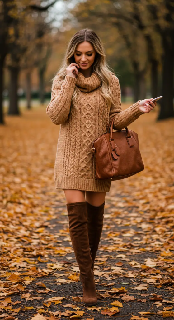 Cable Knit Sweater Dress and Knee-High Boots