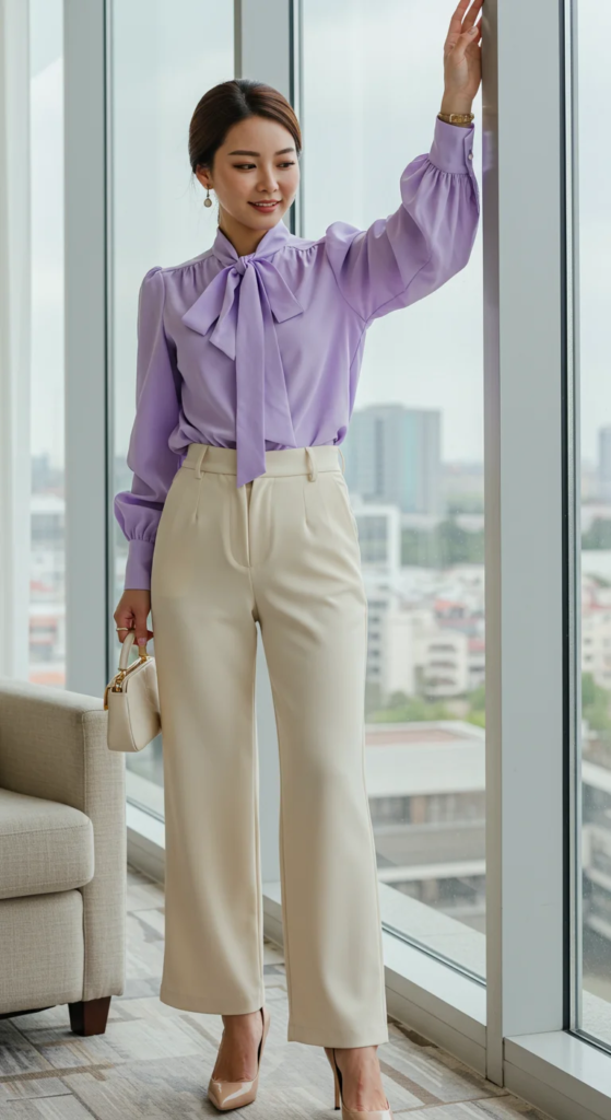 Ribbon-Tie Blouse and Wide-Leg Trousers