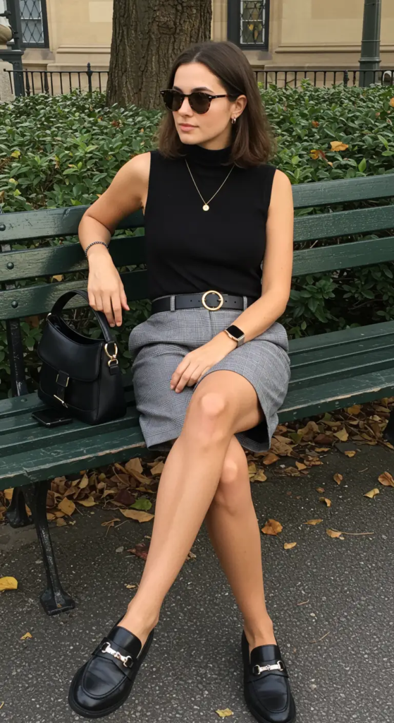 Sleeveless Turtleneck and Plaid Bermuda Shorts