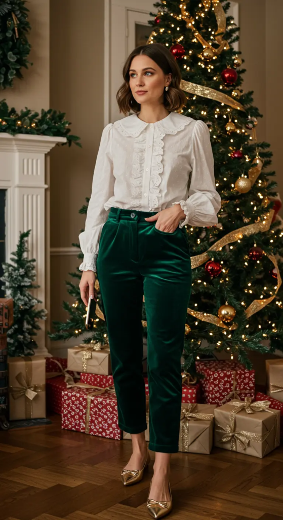  Ruffled Collar Blouse and Velvet Pants