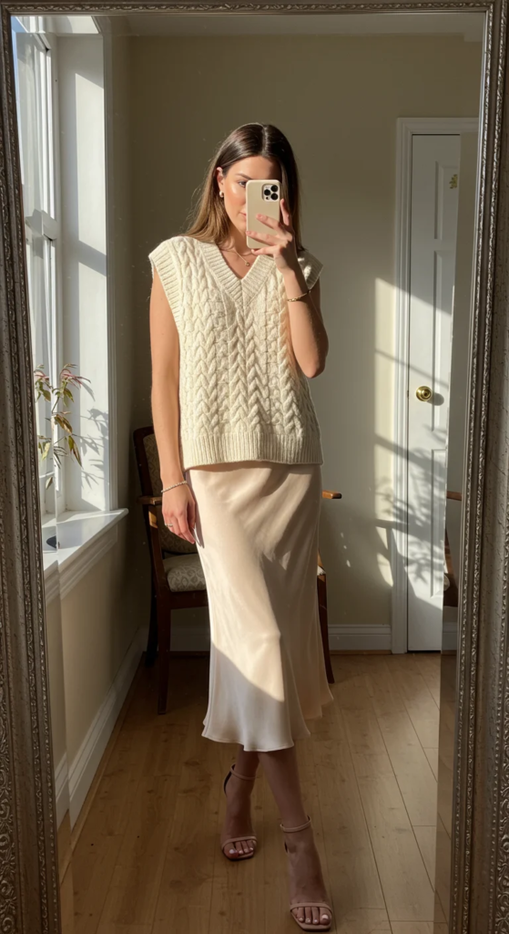 Cable Knit Vest and Silk Midi Skirt