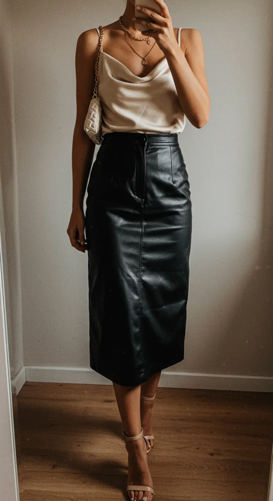  Leather Midi Skirt and Silk Camisole
