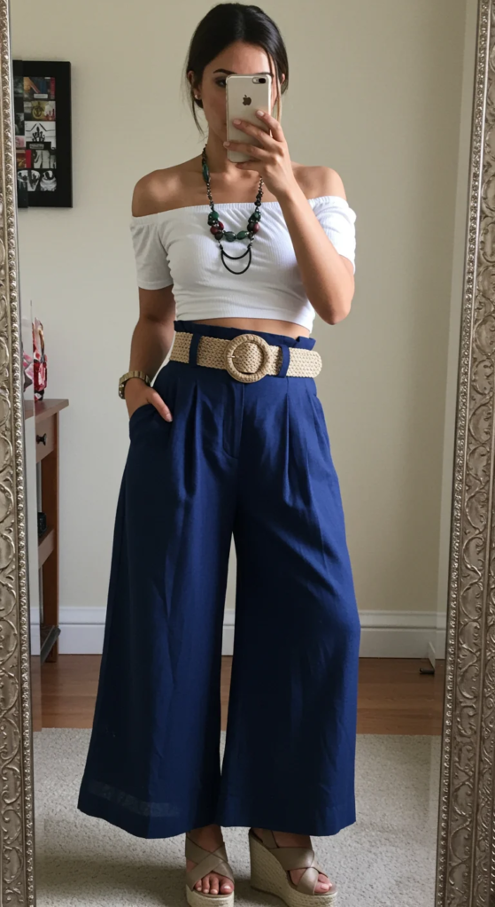 Off-Shoulder Crop Top and High-Waisted Palazzo Pants