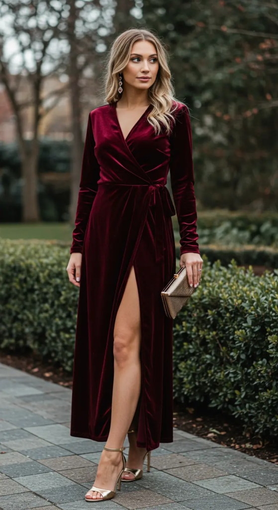 Velvet Wrap Dress with Metallic Accessories