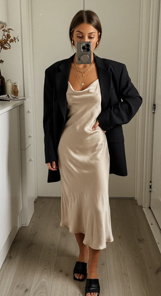 Satin Slip Dress with Oversized Blazer