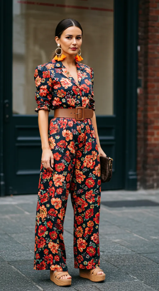 Patterned Wide-Leg Jumpsuit with Statement Belt
