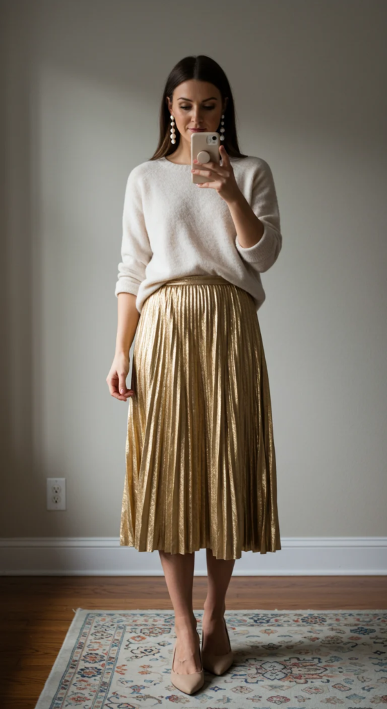  Pleated Metallic Midi Skirt and Cashmere Sweater