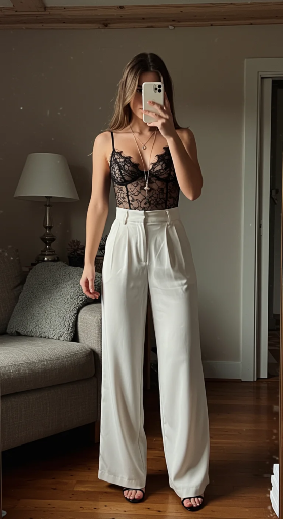 Lace Bodysuit and High-Waisted Trousers