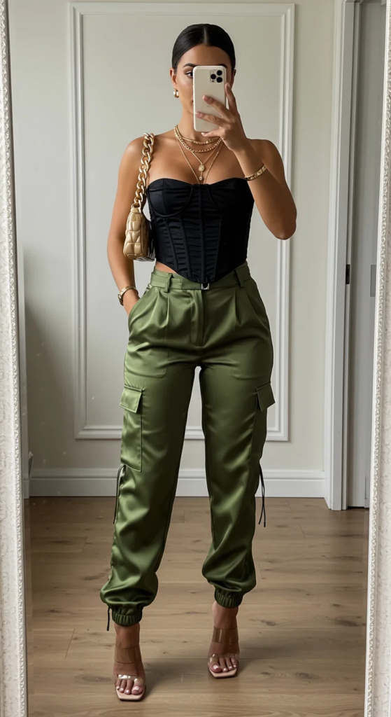  Satin Cargo Pants and Corset Top