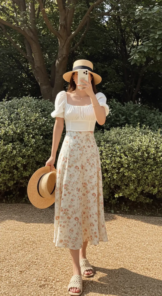 Puff-Sleeve Crop Top and Printed Maxi Skirt