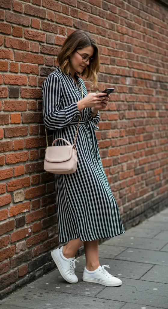 Striped Midi Dress with Sneakers