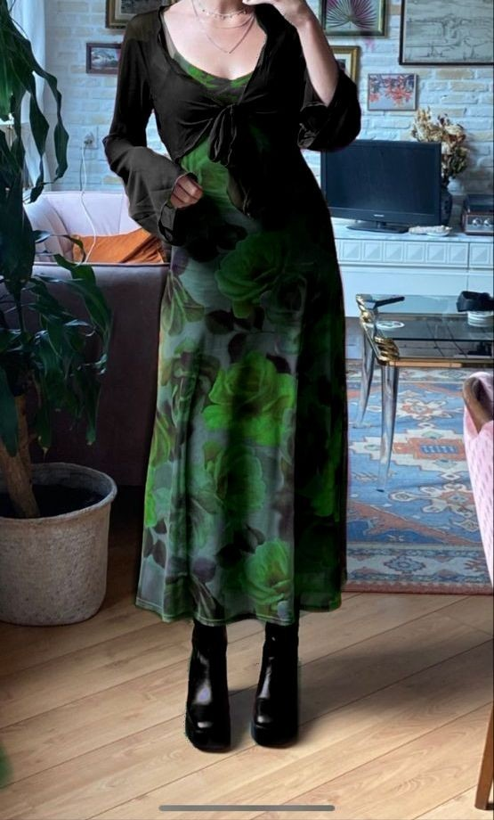 Green Floral Slip Dress Over Black Cardigan