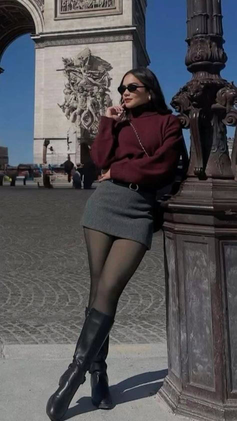 Burgundy Sweater with Gray Mini Skirt